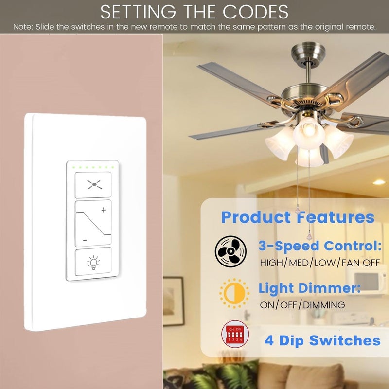 53T Universal Ceiling Fan Wall Remote Control and Receiver Kit, 3 Speed, Light Dimmer,Dip Switch Control Compatible with Hampton Bay Harbor Breeze Hunter(Wall Control Kit) - Image 2